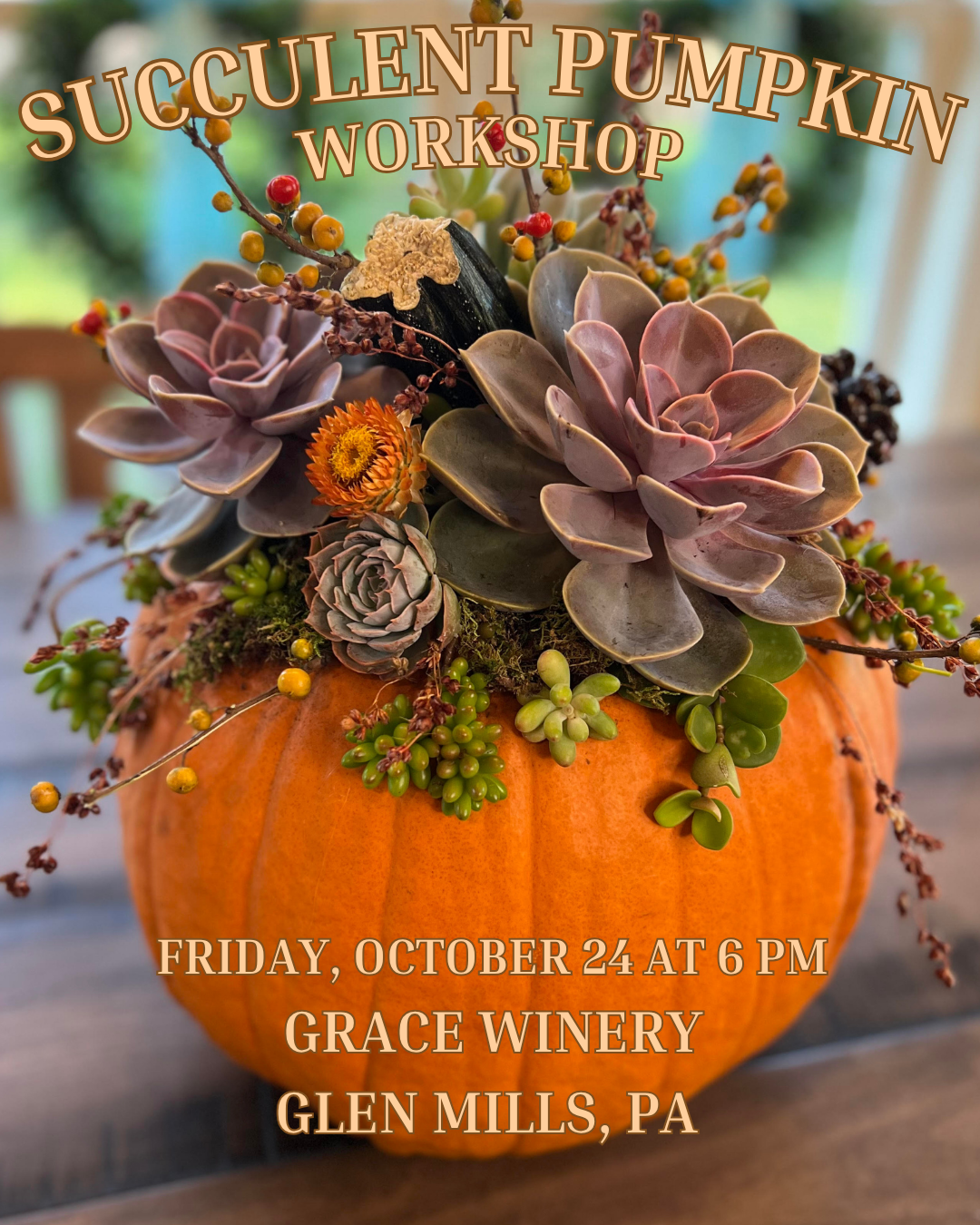 10/24 Succulent Pumpkin Workshop at Grace Winery in Glen Mills, PA at 6 pm