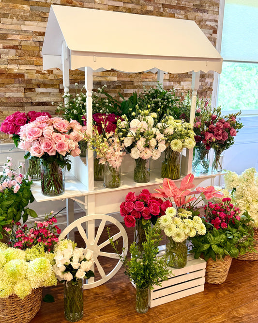 Bloom Bar with Pink Flowers on our Rental Cart for a Bridal Shower at Hartefeld National in Avondale, PA