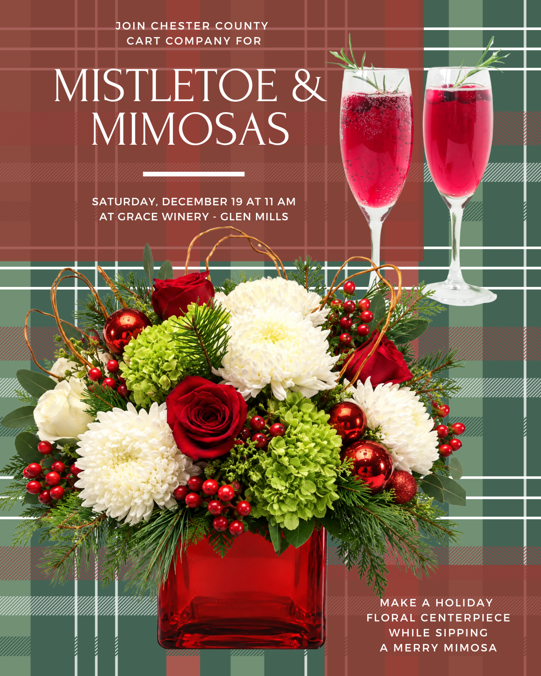 12/19 Holiday Centerpiece Workshop at Grace Winery in Glen Mills, PA at 11 am (with Mistletoe Mimosas)
