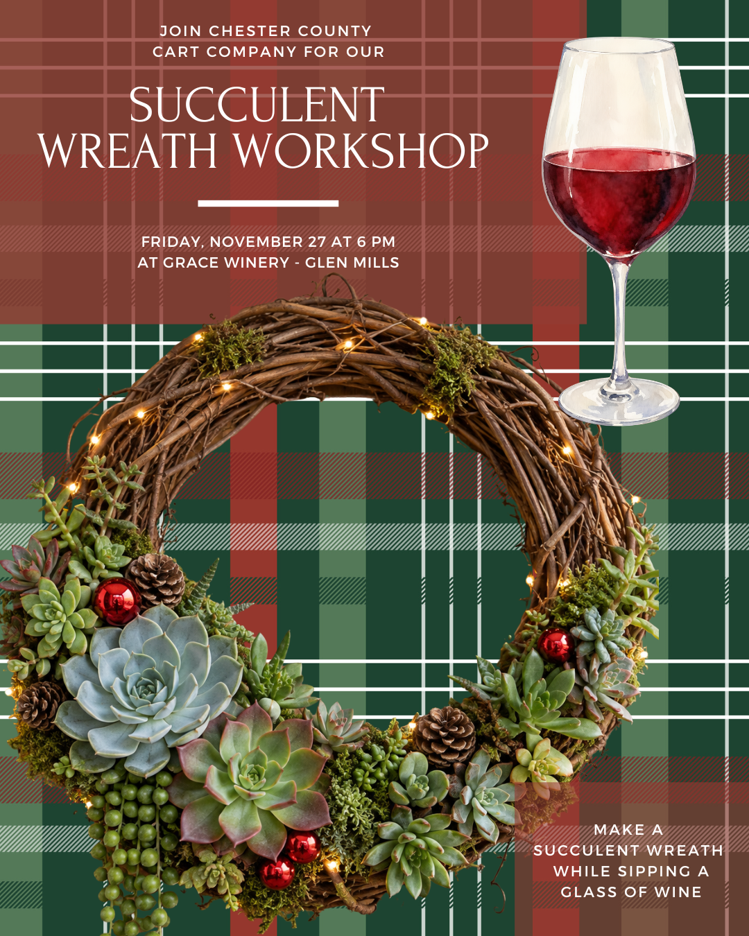 11/27 Succulent Wreath Workshop at Grace Winery, Glen Mills PA at 6 pm