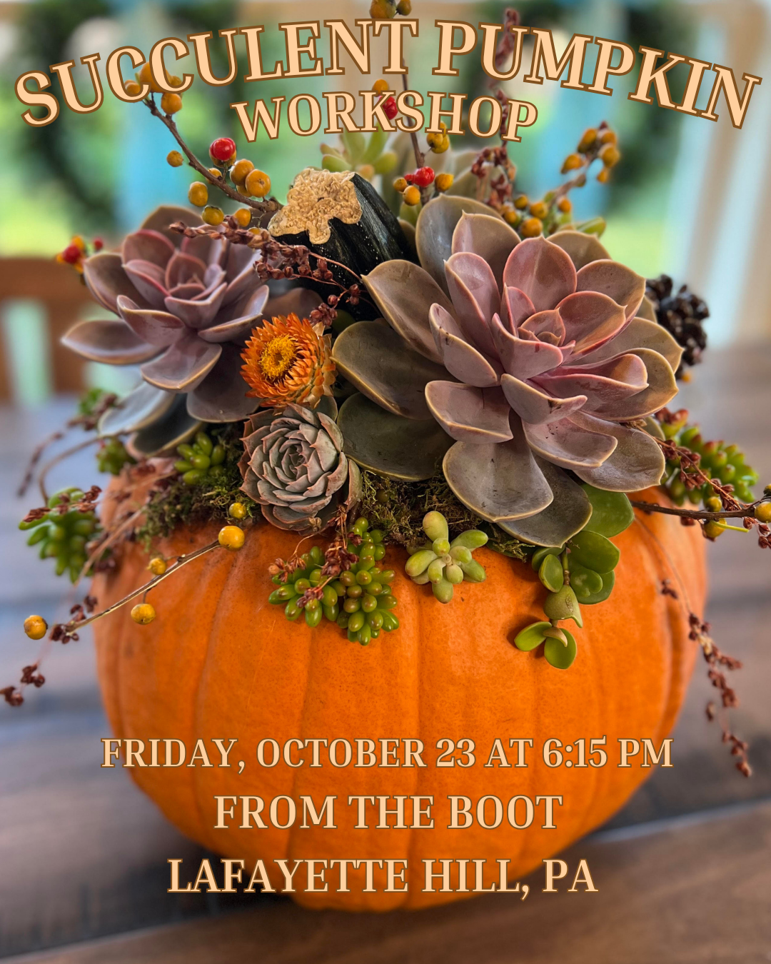 10/23 Succulent Pumpkin Workshop at From the Boot Lafayette Hill at 6:15 pm - BYOB (Dinner included)
